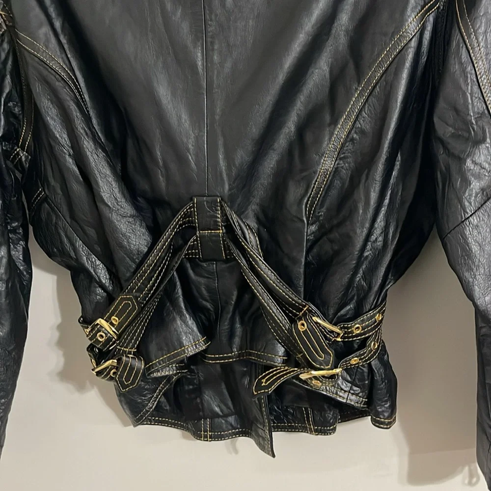 Studio sienna Vintage Black Leather Motorcycle Jacket Gold Detail Women's - Picture 6 of 8
